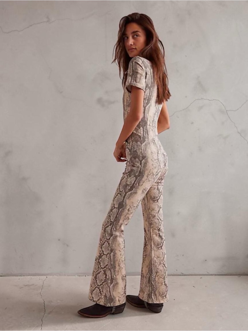 We The Free Jayde Flare Printed Jumpsuit Tan & Cream XL Tall